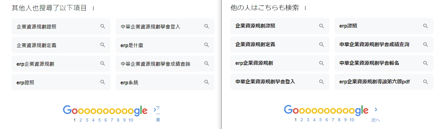 關鍵字「企業資源規劃」為例，台灣、日本Google顯示不同的搜尋結果